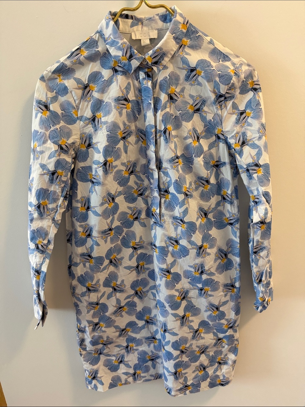 Cos Long Sleeve Cotton Shirt Dress in Blue, White & Yellow Floral Print. Size 4